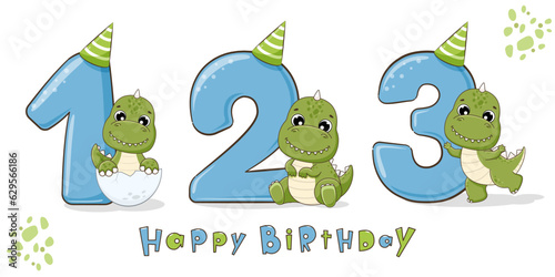 Cute dinosaur birthday party with numbers 1, 2, 3. First, second and third birthday.