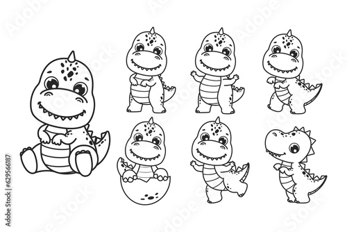 Clipart set of cute baby dinosaurs. T-rex in various poses. Vector illustration in cartoon style.
