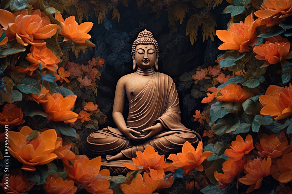 Buddha statue surrounded by orange flowers on a black background.Generative Ai