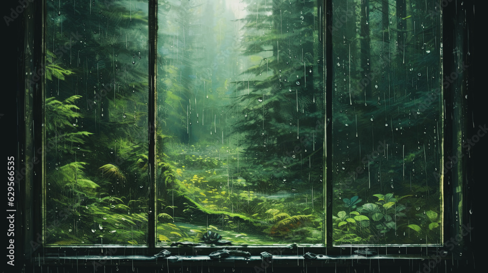Fototapeta premium misty morning in Green forest, Looking out a window on a rainy day, background is a Green forest , Generative AI