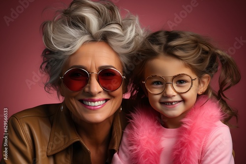 Studio portrait of grandmother and granddaughter, generative AI