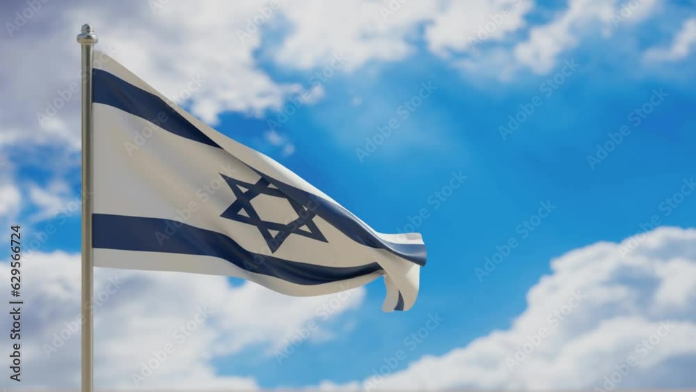 Israel country flag waving on blue sky background. 3d video footage 