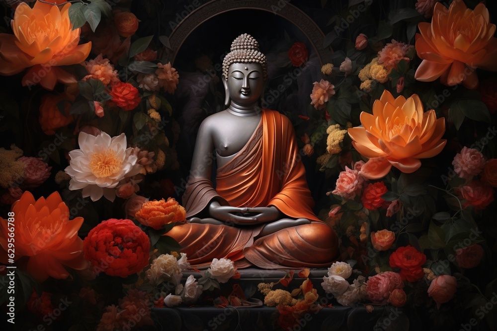 Buddha statue surrounded by orange flowers on a black background.Generative Ai