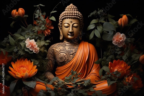 Buddha statue surrounded by orange flowers on a black background.Generative Ai © Rudsaphon