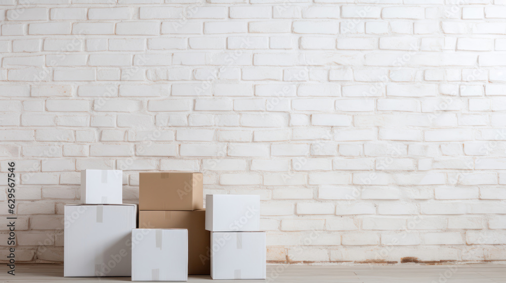Close-up of stack of cardboard boxes and pot with plant on white wall 