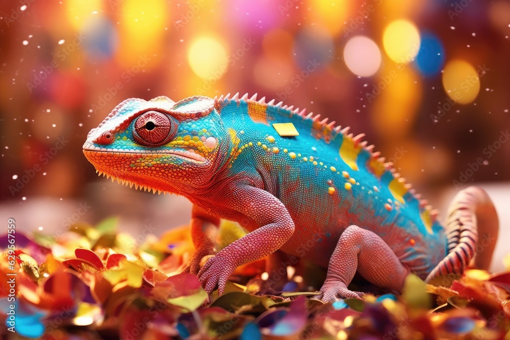 Chameleon on the background of festive tinsel, confetti and sparkles. Generative AI