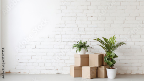 Close-up of stack of cardboard boxes and pot with plant on white wall 