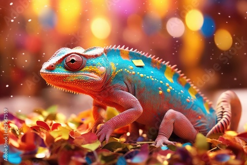Chameleon on the background of festive tinsel, confetti and sparkles. Generative AI © Alesia