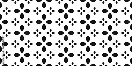 Large black quatrefoils alternate with two small ones. Pattern of petal shapes on a white background. Design for textile, pillows, clothing, background, wrapping, notebooks.