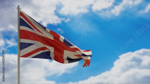 UK United Kingdom flag waving on blue sky background. 3d video footage 