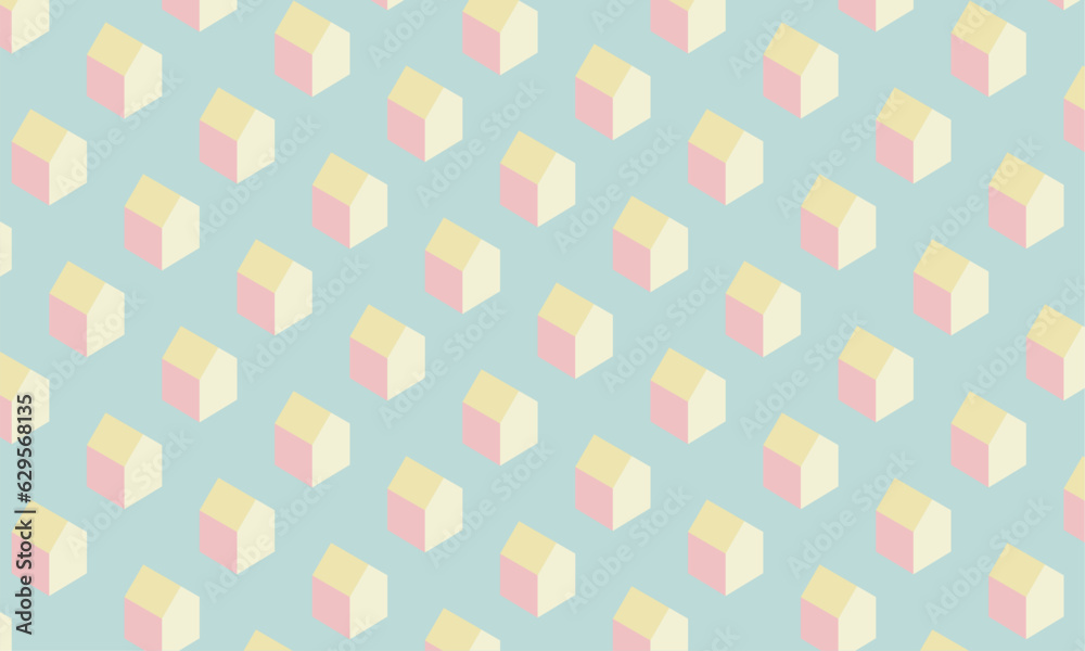vector pastel yellow roof house motif pattern on mint green back