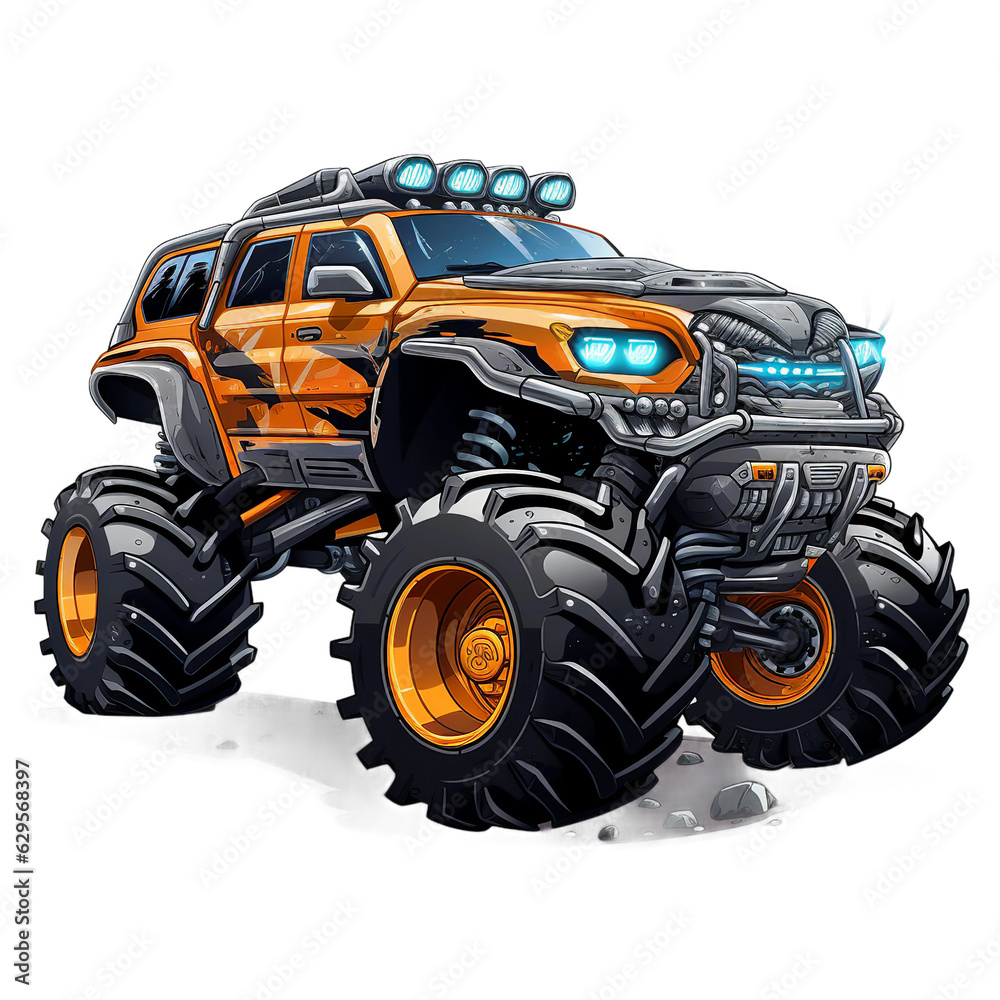 a yellow monster truck side moving view with yellow rim and blue light, watercolor clipart, a yellow monster truck side moving view with yellow rim and blue light, watercolor clipart,