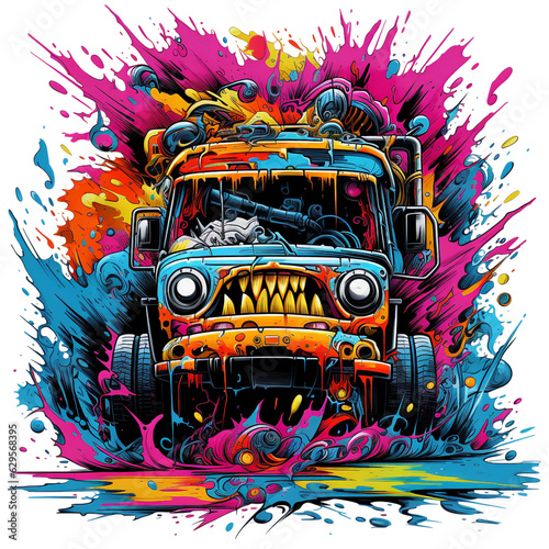Illustration of a monster truck front view, watercolor, colorful backdrop color splash