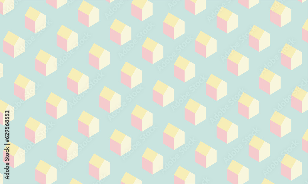 pastel yellow roof house motif pattern on mint green back