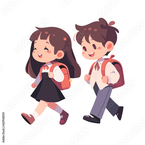 Boy and girl going to elementary or middle school. School children with school backpacks go to school. Vector illustration EPS10