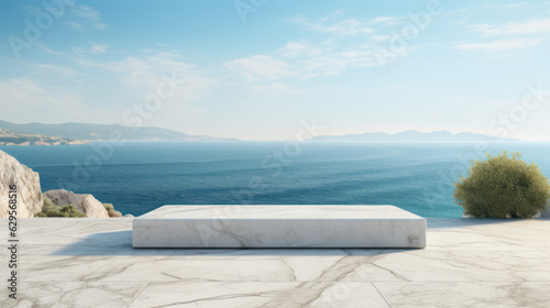 Elegant white marble pedestal with serene sea backdrop, perfect for product placement, generative ai © Max