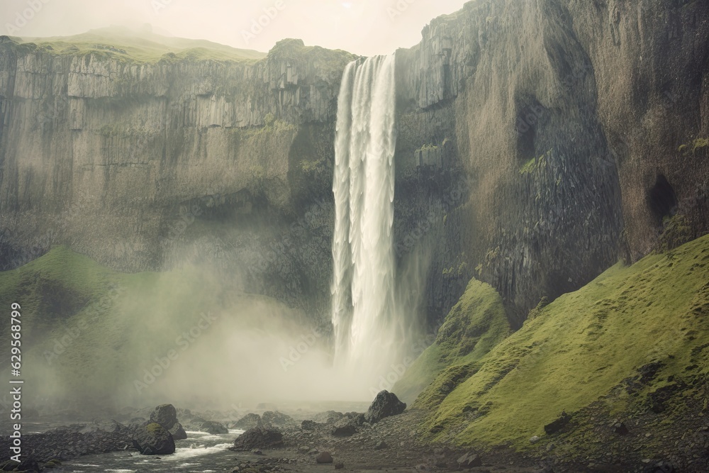 Fototapeta premium River and Lush Greenery in a Serene Landscape. Beautiful Waterfall Landscape