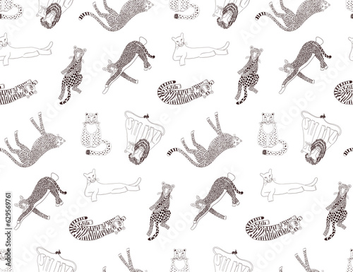 Big cats seamless pattern on transparent background. Hand drawn vector illustration. Line art, drawing style design. Lion, tiger, leopard, jaguar, cougar, cheetah. Animal print, packaging, paper