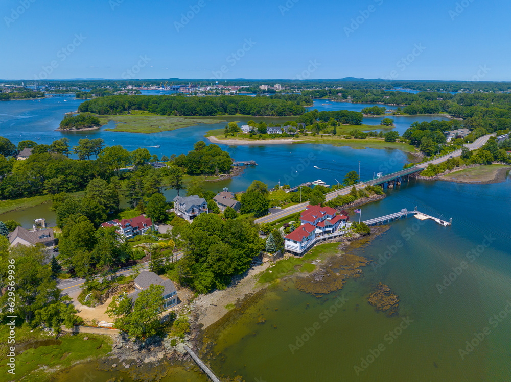 Historic waterfront house aerial view at the mouth of Piscataqua River in town of Rye with New Castle town at the background, New Hampshire NH, USA. 
