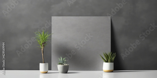 Empty business mockup. template for presentation with green plant in pot. Empty blank, frame on workplace. Business office concept. Minimal. Generative ai