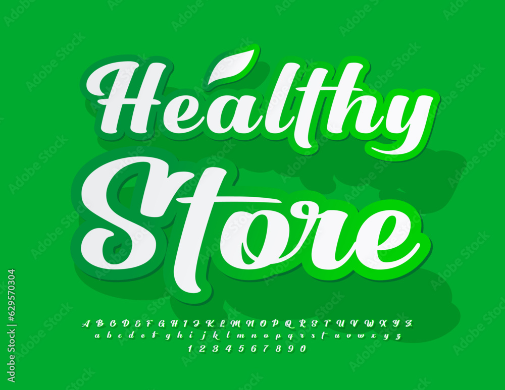 Vector concept logo Healthy Store with decorative Leaf. Sticker style Font. Beautiful set of calligraphic Alphabet Letters, Numbers and Symbols