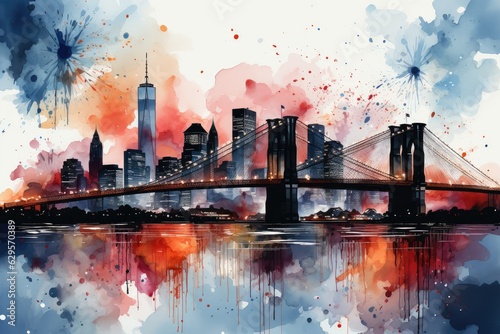 Beautiful colorful night New York. Brooklyn Bridge, watercolor. Urban landscape. Generative AI