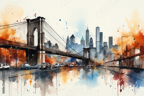Beautiful colorful night New York. Brooklyn Bridge, watercolor. Urban landscape. Generative AI