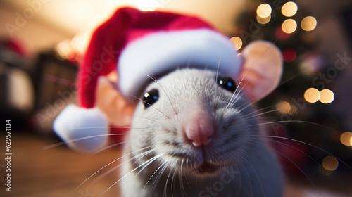 Fisheye Lens. Selfie of a mouse on santa hat on blur bokeh background