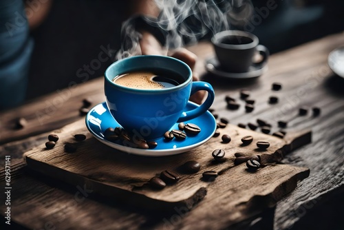 cup of coffee, Hot coffee in blue cup with coffee beans