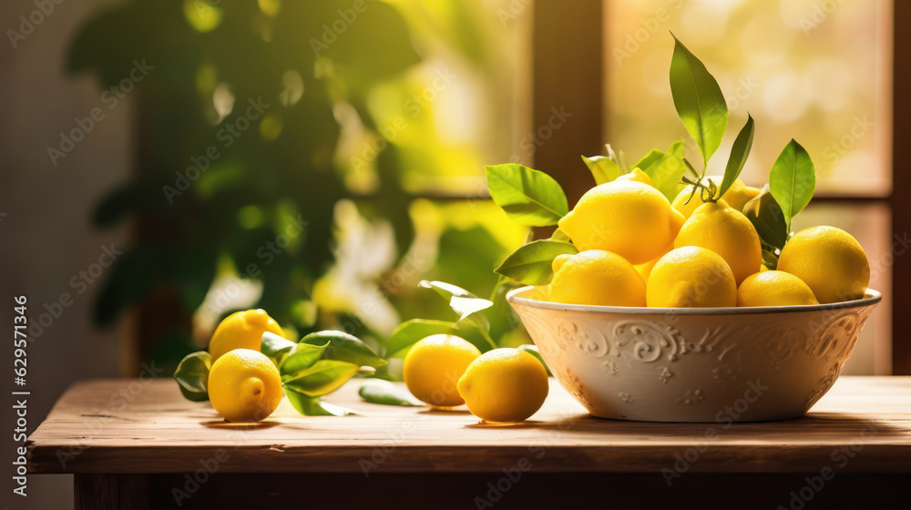 Blurred garden and lemons in a ceramic bowl on a small wooden table Blurred garden and lemons in a ceramic bowl on a small wooden table