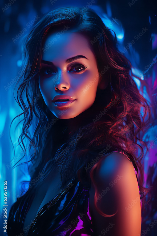 Portrait of a beautiful young girl at a party illuminated by pink and blue neon lights. Concept of party, fun, youth and nightlife. Generative AI. Portrait of a beautiful young girl at a party illuminated by pink and blue neon lights. Concept of party, fun, youth and nightlife. Generative AI.
