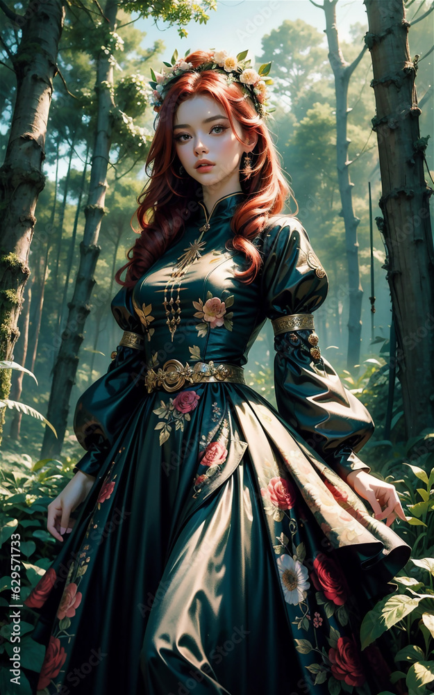 Beautiful girl in Medieval style. Beautiful medieval style dressed anime girl in the forest.