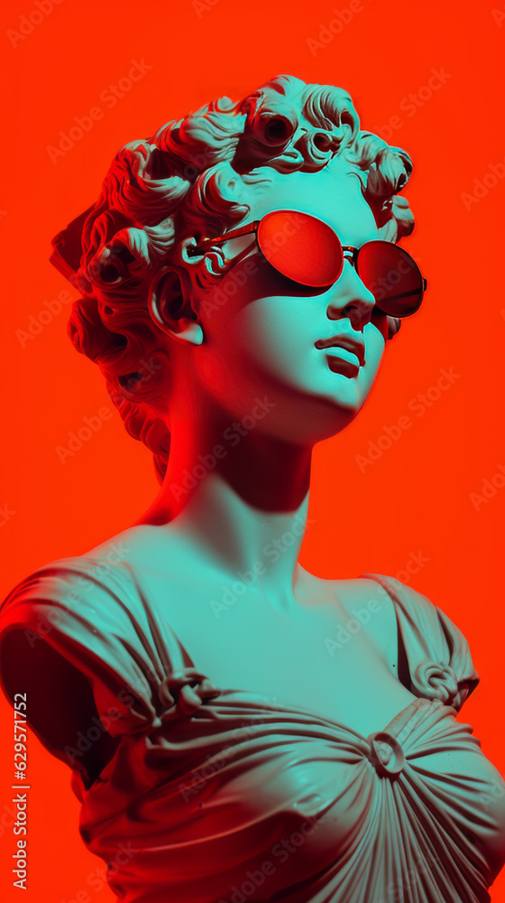 High contrast composition of female statue with sunglasses, red background and red and blue neon light. Pop art, retro wave style. Generative AI.