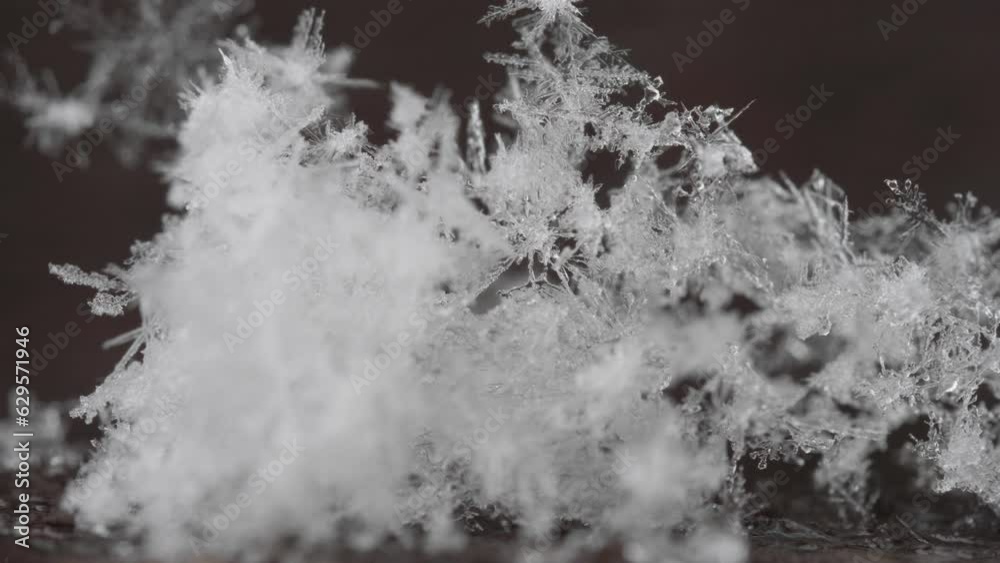 Macro of snow falling and melting on black substrate