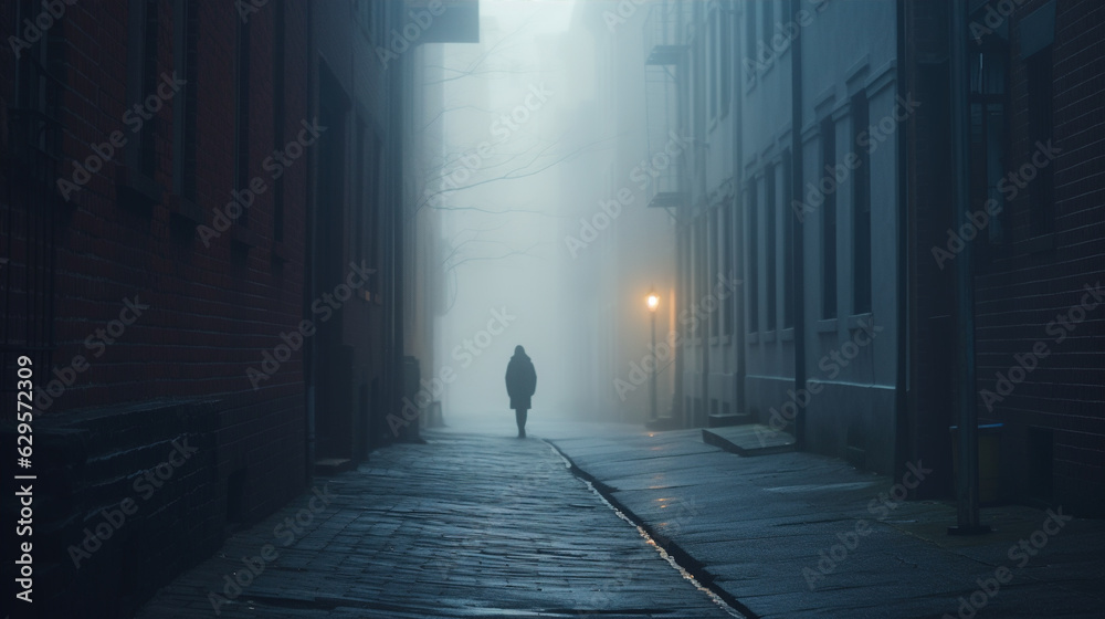 solitary figure walking down a foggy alley, shrouded in an otherworldly mist. solitary figure walking down a foggy alley, shrouded in an otherworldly mist.