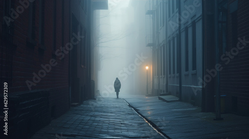 solitary figure walking down a foggy alley, shrouded in an otherworldly mist.