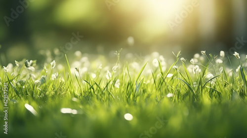 Natural grass field background with blurred bokeh and sun rays