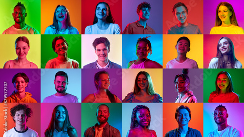 Collage of close-up shoots of ethnically diverse pensive, doubtful people, men and women expressing uncertain emotions over neon background.