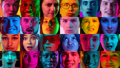 Collage of close-up shoots of ethnically diverse pensive, doubtful people, men and women expressing uncertain emotions over neon background.