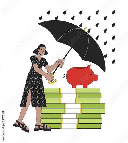 Protection from financial risks flat line concept vector spot illustration. Woman covering savings from rain 2D cartoon outline character on white for web UI design. Editable isolated color hero image
