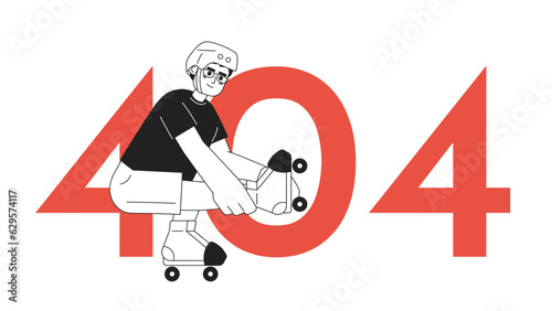 Happy boy on roller skating black white error 404 flash message. Summer activity. Hobby. Monochrome empty state ui design. Page not found popup cartoon image. Vector flat outline illustration concept
