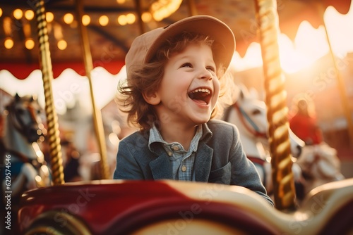 Excited Little boy on car ride at amusement park created with Generative AI technology © Oksana