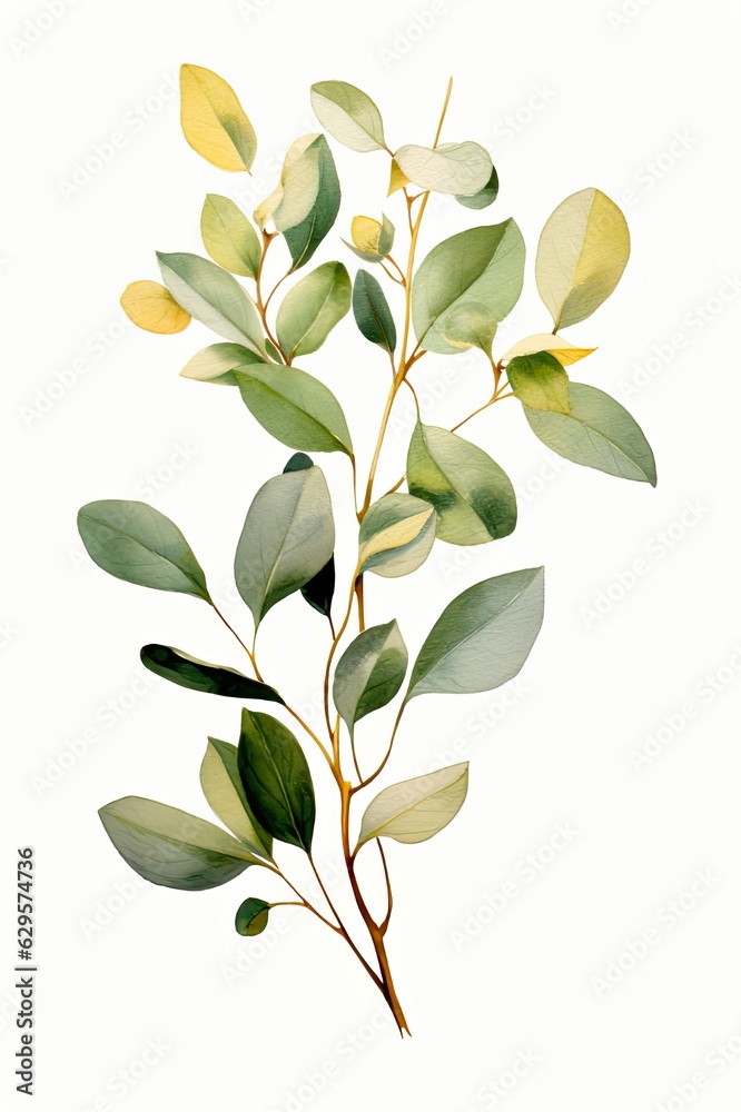 Beautiful Watercolor Eucalyptus Leaf Bouquet Illustration with Gold Accents. Generative AI