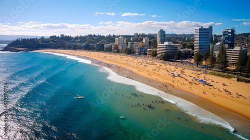 Aerial View of Manly's Wealthy Waterfront CBD and Surf Beach with Pacific Waves. Generative AI © AIGen