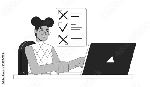 Work checklist for freelancer bw concept vector spot illustration. Busy girl working on laptop 2D cartoon flat line monochromatic character for web UI design. Editable isolated outline hero image