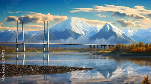 Blue Highways: Golden Ears Bridge Connecting Langley and Maple Ridge, BC, Canada Across Scenic Fraser River and Mountains. Generative AI