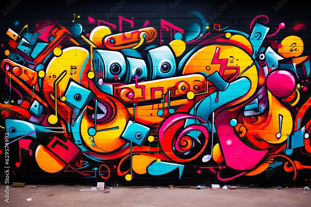 Music Graffiti Art: Cool & Colourful Urban Style Background on Wall Architecture for Dance & Music. Generative AI