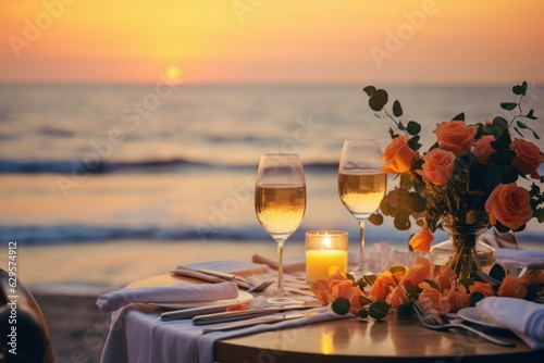 Tableau sur toile Luxury dinner beach view. Generate Ai