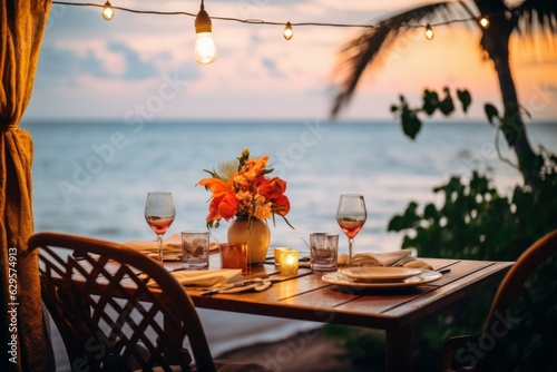 Luxury dinner table beach. Generate Ai
