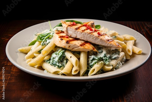 Fotografie, Obraz Grilled Chicken Florentine with Basil Parmesan Sauce and Penne Pasta